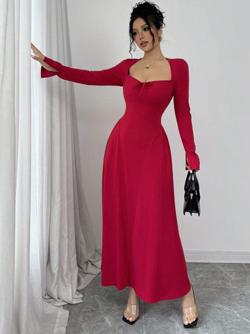 Sexy Square Neck Bow Tie Cinched Waist Knitted Stretch Long Sleeve A-Line Dress
