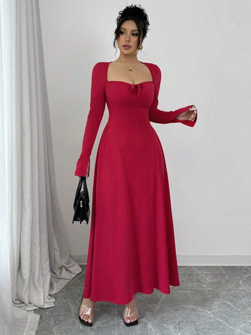 Sexy Square Neck Bow Tie Cinched Waist Knitted Stretch Long Sleeve A-Line Dress