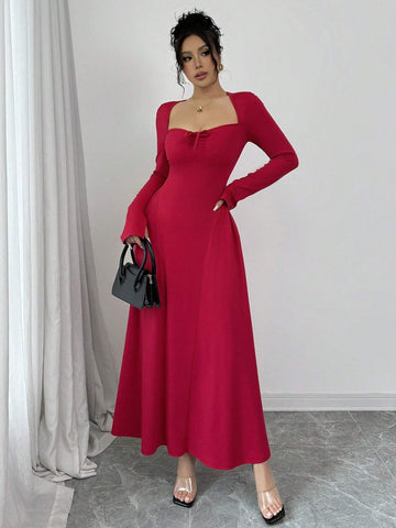 Sexy Square Neck Bow Tie Cinched Waist Knitted Stretch Long Sleeve A-Line Dress