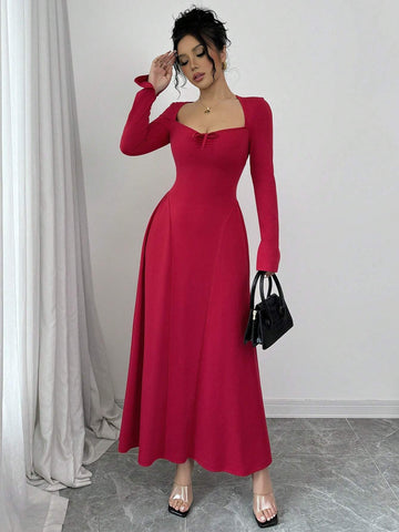 Sexy Square Neck Bow Tie Cinched Waist Knitted Stretch Long Sleeve A-Line Dress