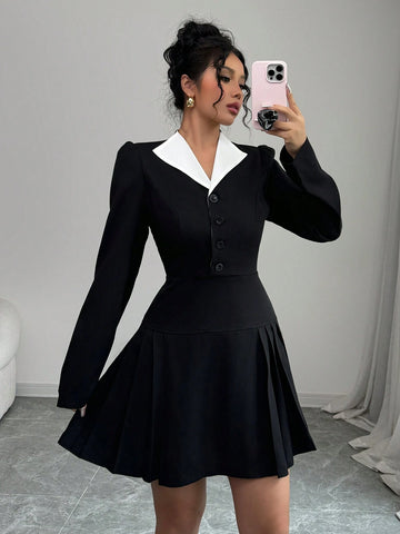 Single-Breasted Collar Color-Block Short Dress