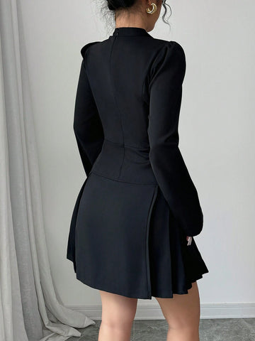 Single-Breasted Collar Color-Block Short Dress