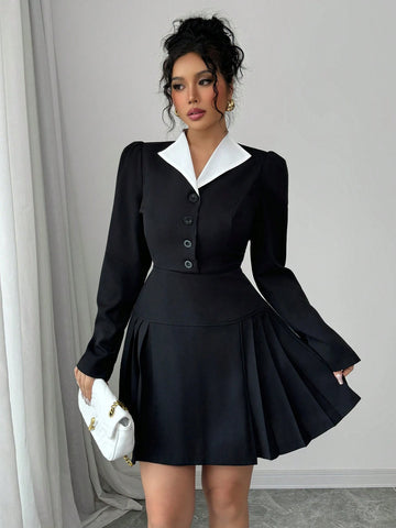 Single-Breasted Collar Color-Block Short Dress