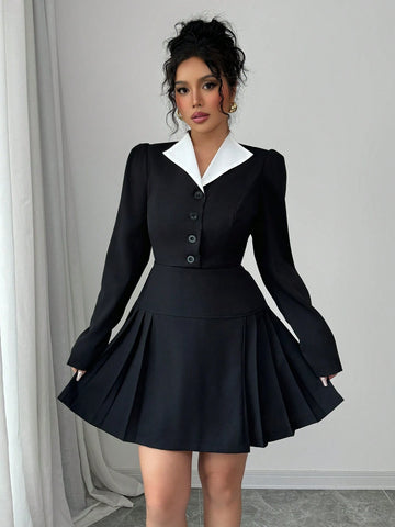 Single-Breasted Collar Color-Block Short Dress