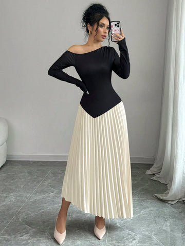 Slash Neck Patchwork Pleated Slim Fit Women's Dress