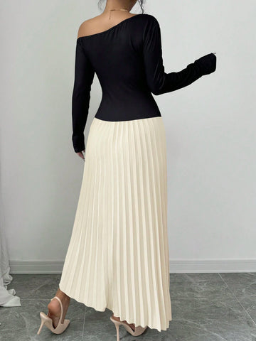 Slash Neck Patchwork Pleated Slim Fit Women's Dress