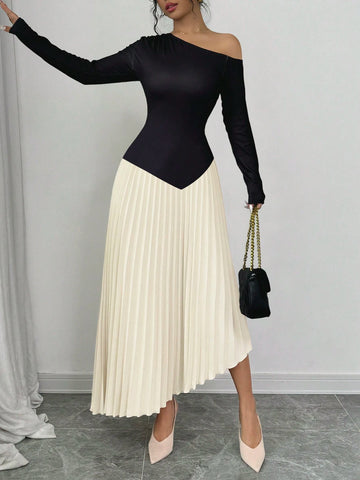 Slash Neck Patchwork Pleated Slim Fit Women's Dress