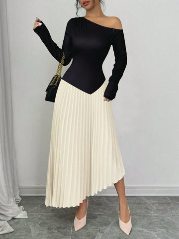 Slash Neck Patchwork Pleated Slim Fit Women's Dress