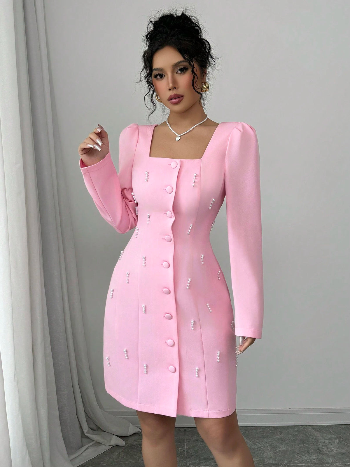 Square Neck Puff Sleeve Pearl Embellished Pink Dress