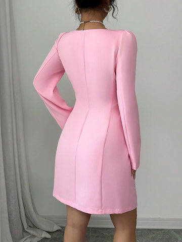 Square Neck Puff Sleeve Pearl Embellished Pink Dress