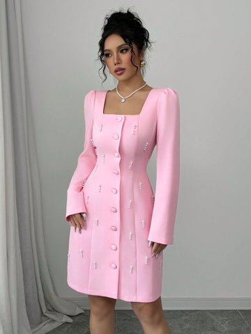 Square Neck Puff Sleeve Pearl Embellished Pink Dress
