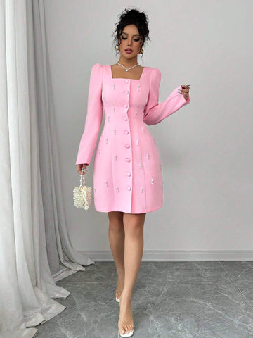 Square Neck Puff Sleeve Pearl Embellished Pink Dress