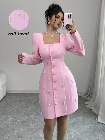 Square Neck Puff Sleeve Pearl Embellished Pink Dress