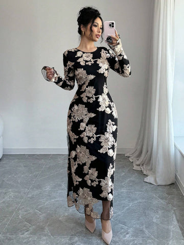 Women 3D Floral Mesh Black Round Neck Long Sleeve Dress, Autumn/Winter