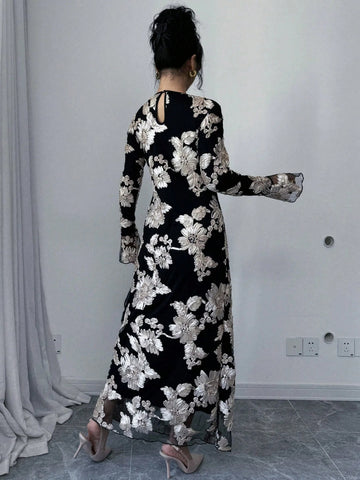Women 3D Floral Mesh Black Round Neck Long Sleeve Dress, Autumn/Winter
