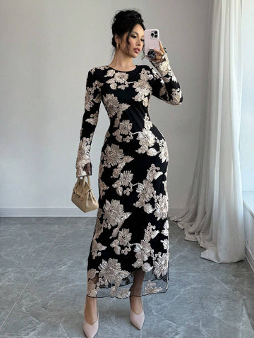 Women 3D Floral Mesh Black Round Neck Long Sleeve Dress, Autumn/Winter
