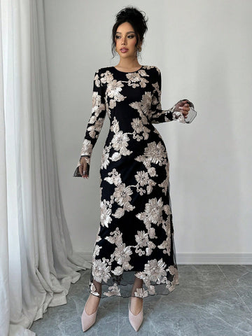 Women 3D Floral Mesh Black Round Neck Long Sleeve Dress, Autumn/Winter