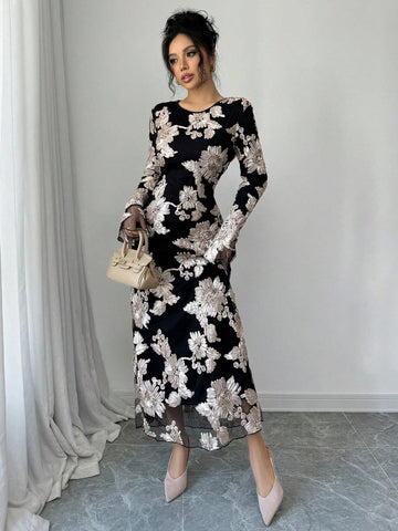Women 3D Floral Mesh Black Round Neck Long Sleeve Dress, Autumn/Winter