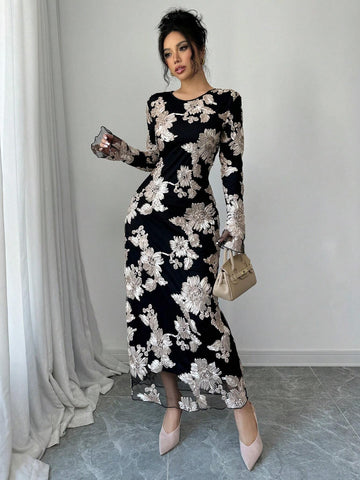Women 3D Floral Mesh Black Round Neck Long Sleeve Dress, Autumn/Winter