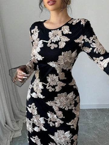 Women 3D Floral Mesh Black Round Neck Long Sleeve Dress, Autumn/Winter