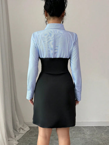 Women Autumn Long Sleeve Striped Patchwork Mini Shirt Dress