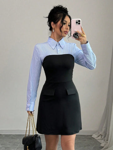 Women Autumn Long Sleeve Striped Patchwork Mini Shirt Dress