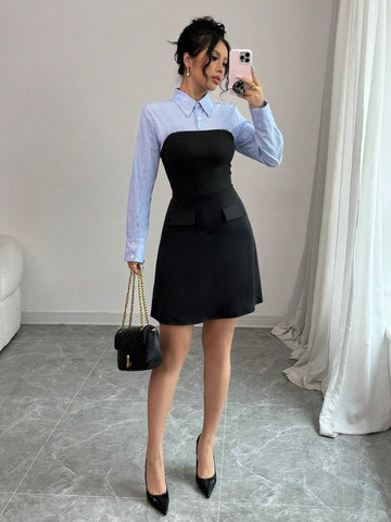 Women Autumn Long Sleeve Striped Patchwork Mini Shirt Dress