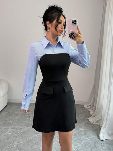 Women Autumn Long Sleeve Striped Patchwork Mini Shirt Dress