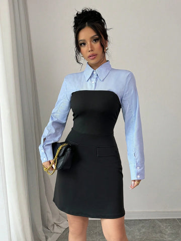 Women Autumn Long Sleeve Striped Patchwork Mini Shirt Dress