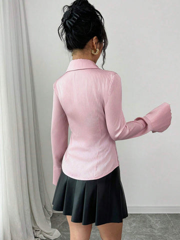 Women Casual Chic Commuting Satin Fabric Striped Shirt With Detachable Neck Tie, Waist Cinched, Flared Cuff Sleeves