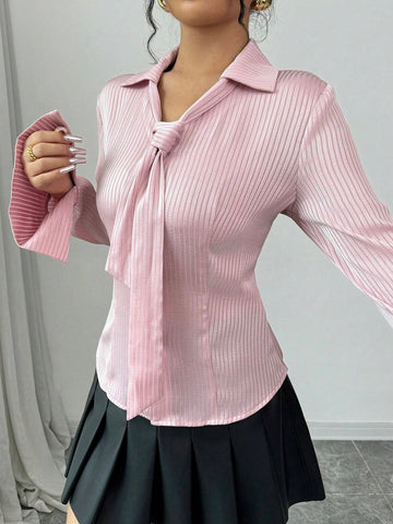 Women Casual Chic Commuting Satin Fabric Striped Shirt With Detachable Neck Tie, Waist Cinched, Flared Cuff Sleeves