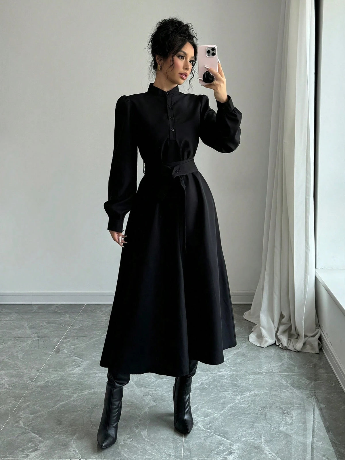 Women Elegant Casual Fashion Commuter Long Sleeve Stand Collar Half-Zip Cinched Waist Waist Solid Color Maxi Dress SKU: sz2407054643125924