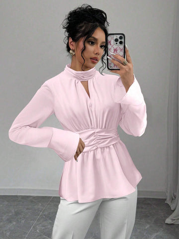Elenzya Women Elegant Fashion Lady Charm Commuter Long Sleeve High Collar Cinched Waist Ruffle Hem Solid Color Blouse