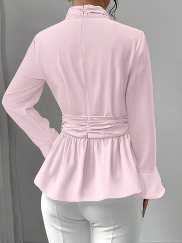 Elenzya Women Elegant Fashion Lady Charm Commuter Long Sleeve High Collar Cinched Waist Ruffle Hem Solid Color Blouse