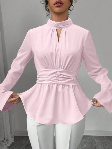 Elenzya Women Elegant Fashion Lady Charm Commuter Long Sleeve High Collar Cinched Waist Ruffle Hem Solid Color Blouse