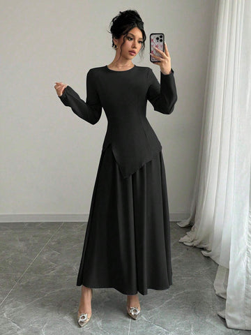 Women's Elegant Ladylike Fashion Long Sleeve Round Neck Cinched Waist Back Tie Asymmetrical Hem Top And Long Skirt 2pcs Set