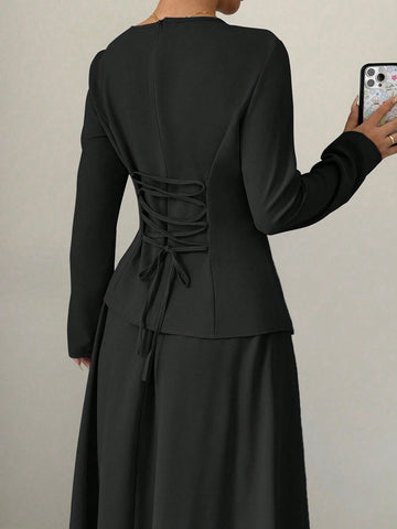 Women's Elegant Ladylike Fashion Long Sleeve Round Neck Cinched Waist Back Tie Asymmetrical Hem Top And Long Skirt 2pcs Set