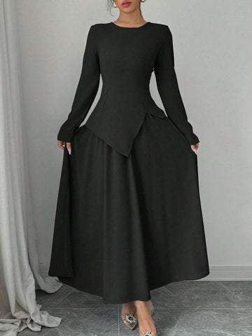 Women's Elegant Ladylike Fashion Long Sleeve Round Neck Cinched Waist Back Tie Asymmetrical Hem Top And Long Skirt 2pcs Set