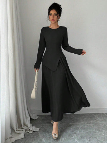Women's Elegant Ladylike Fashion Long Sleeve Round Neck Cinched Waist Back Tie Asymmetrical Hem Top And Long Skirt 2pcs Set