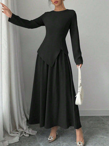 Women's Elegant Ladylike Fashion Long Sleeve Round Neck Cinched Waist Back Tie Asymmetrical Hem Top And Long Skirt 2pcs Set