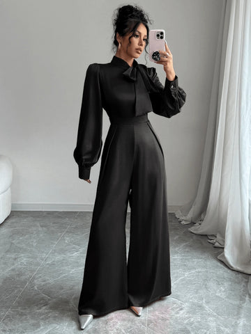 Women Elegant Satin Long Sleeve Wide Leg Jumpsuit With Bow-Tie Design, Spring & Autumn