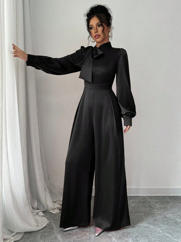 Women Elegant Satin Long Sleeve Wide Leg Jumpsuit With Bow-Tie Design, Spring & Autumn
