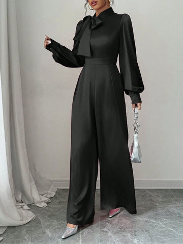 Women Elegant Satin Long Sleeve Wide Leg Jumpsuit With Bow-Tie Design, Spring & Autumn