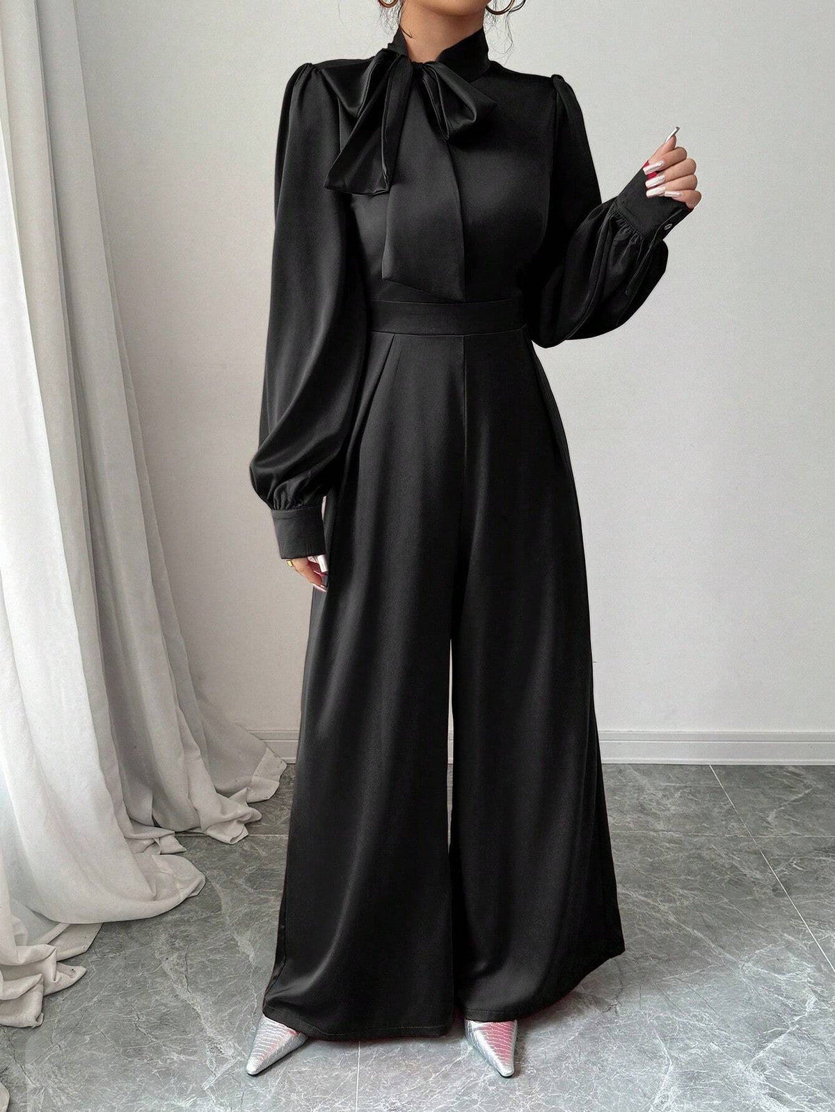 Women Elegant Satin Long Sleeve Wide Leg Jumpsuit With Bow-Tie Design, Spring & Autumn