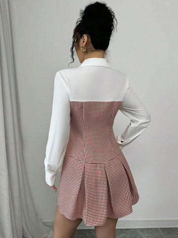Women Houndstooth Patchwork Long Sleeve Pleated Casual Short Dress, Autumn