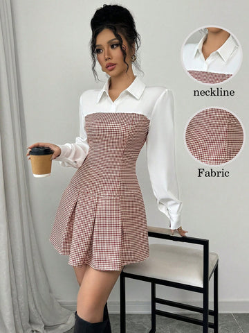 Women Houndstooth Patchwork Long Sleeve Pleated Casual Short Dress, Autumn