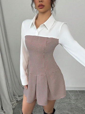 Women Houndstooth Patchwork Long Sleeve Pleated Casual Short Dress, Autumn