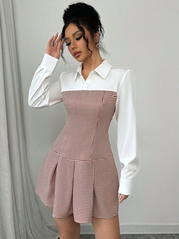 Women Houndstooth Patchwork Long Sleeve Pleated Casual Short Dress, Autumn