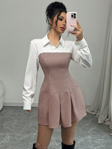 Women Houndstooth Patchwork Long Sleeve Pleated Casual Short Dress, Autumn