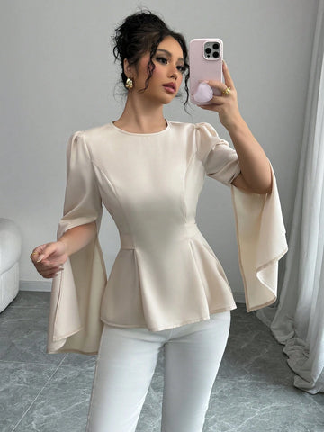 Elenzya Women Regular Apricot Draped Neck Long Sleeve Blouse With Cuff Slit
